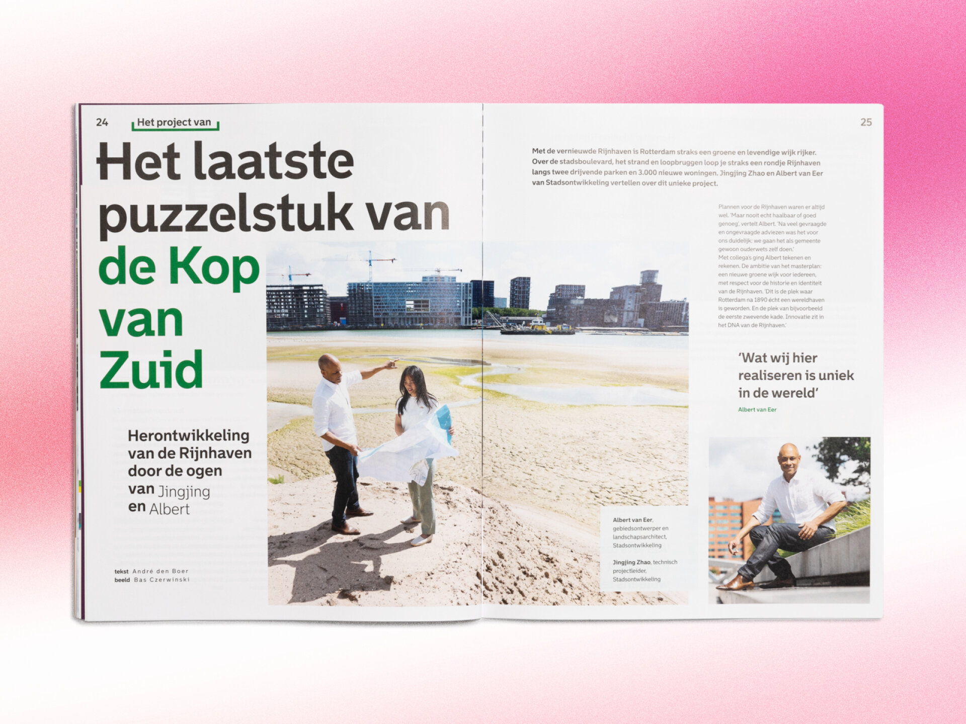 spread van het magazine stadswerker over de herontwikkeling van de Rijnhaven in Rotterdam