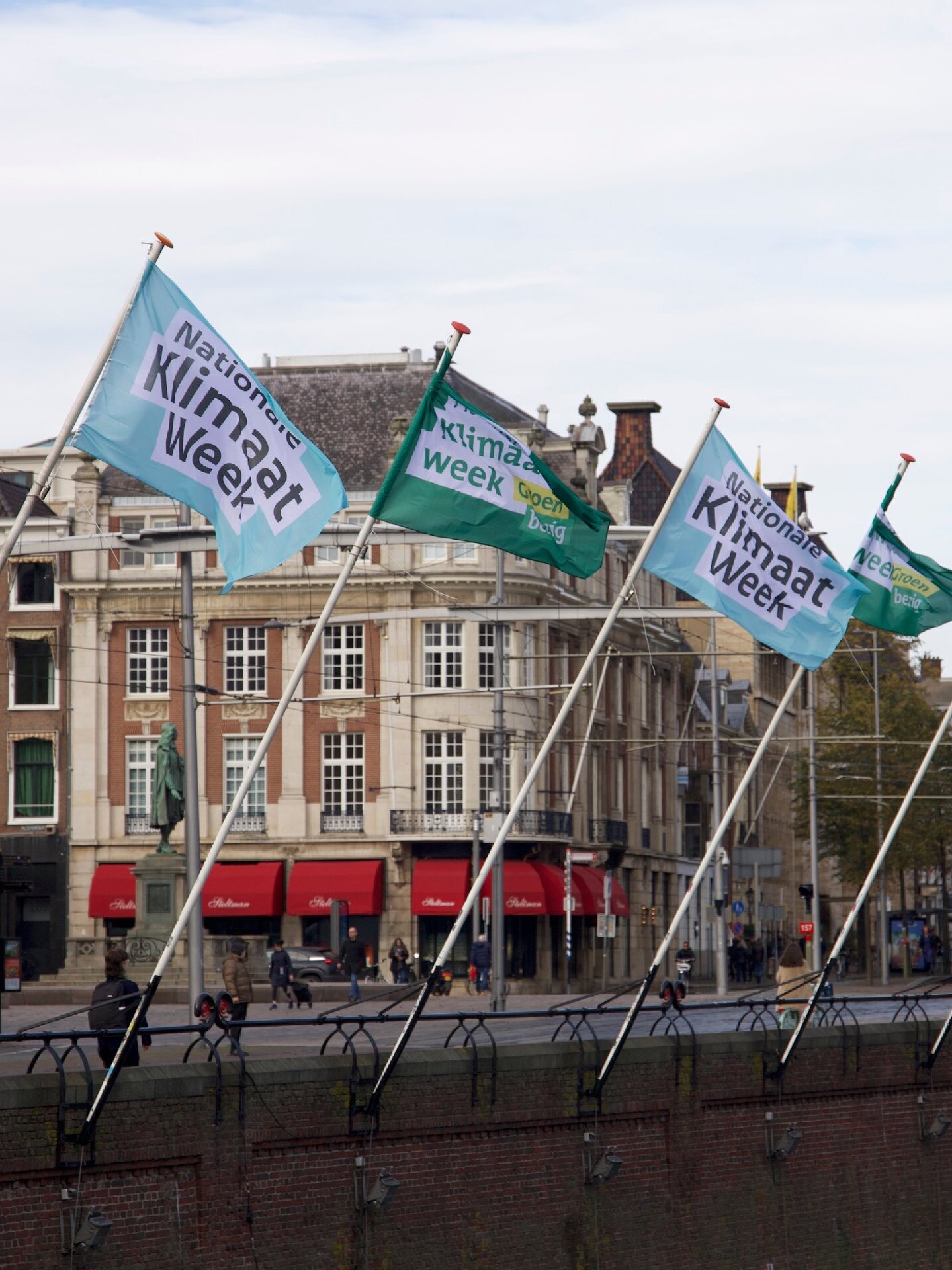 5 vlaggen op een rij aan de hofvijver voor de haagse klimaatweek
